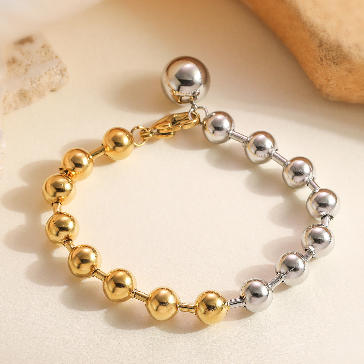 Minimalist Geometric Stainless Steel Beaded Bracelet for Women with Plated Finish and Irregular Color-Blocking Design