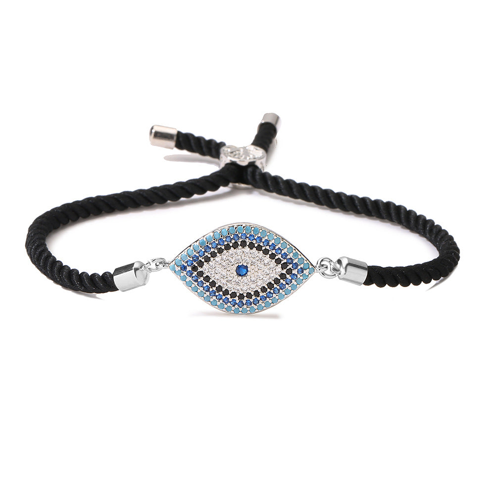Geometric Evil Eye Rhinestone Micro-Paved Copper Bracelet for Women with Red Cord