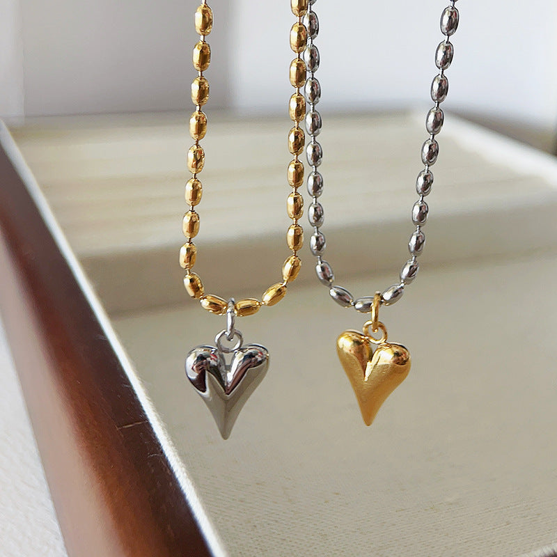 Collar minimalista de acero de titanio y chapado en oro y plata con cuentas y cadena de bolitas redondas, con forma de corazón, para mujer