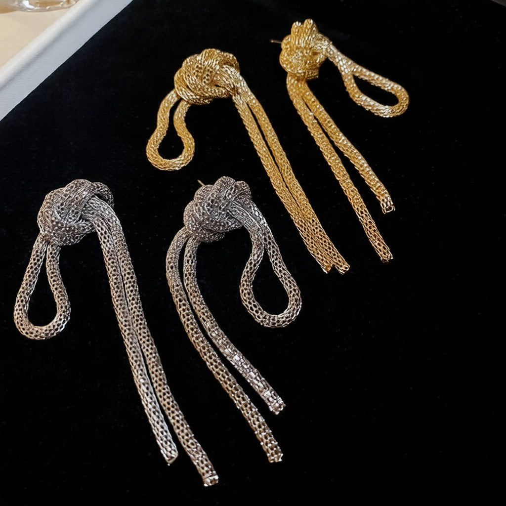 Pendientes colgantes geométricos de estilo vintage con cadena anudada y borla para mujer, hierro galvanizado con postes de acero