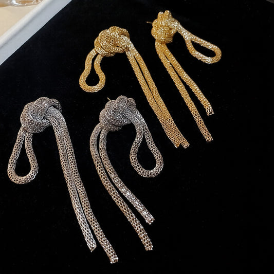 Orecchini Pendenti Geometrici in Stile Vintage da Donna con Catena Annodata e Dettagli Nappa, in Ferro Galvanizzato con Perni in Acciaio