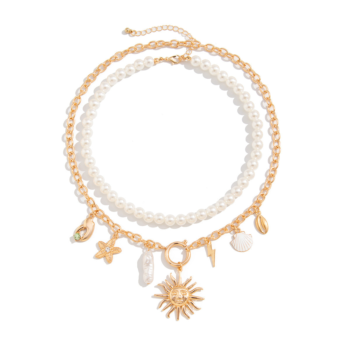Collana da donna stile Boho da spiaggia con stella, forme geometriche, conchiglie, perle di imitazione, ciondolo in lega placcata e catena di perle
