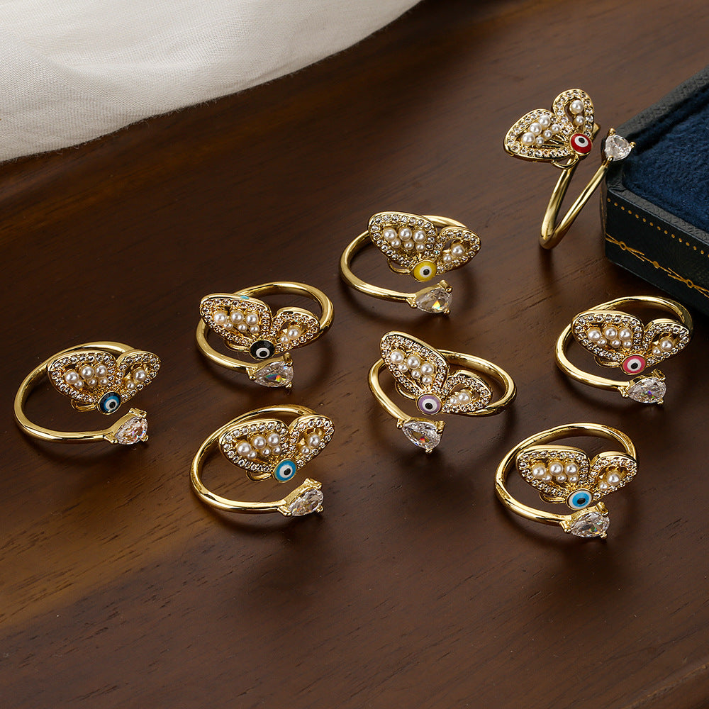 Elegant Butterfly-Shaped Geometric Open Ring for Women with Zircon and Pearl Accents, Micro-Paved Copper Jewelry