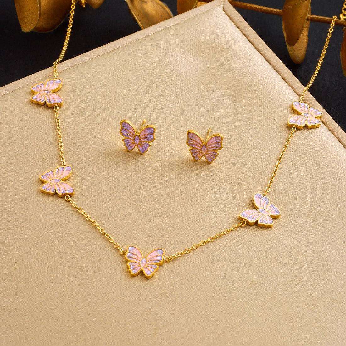 Pink Purple Gradient Drip Oil Butterfly Plated Stainless Steel Jewelry Set for Women