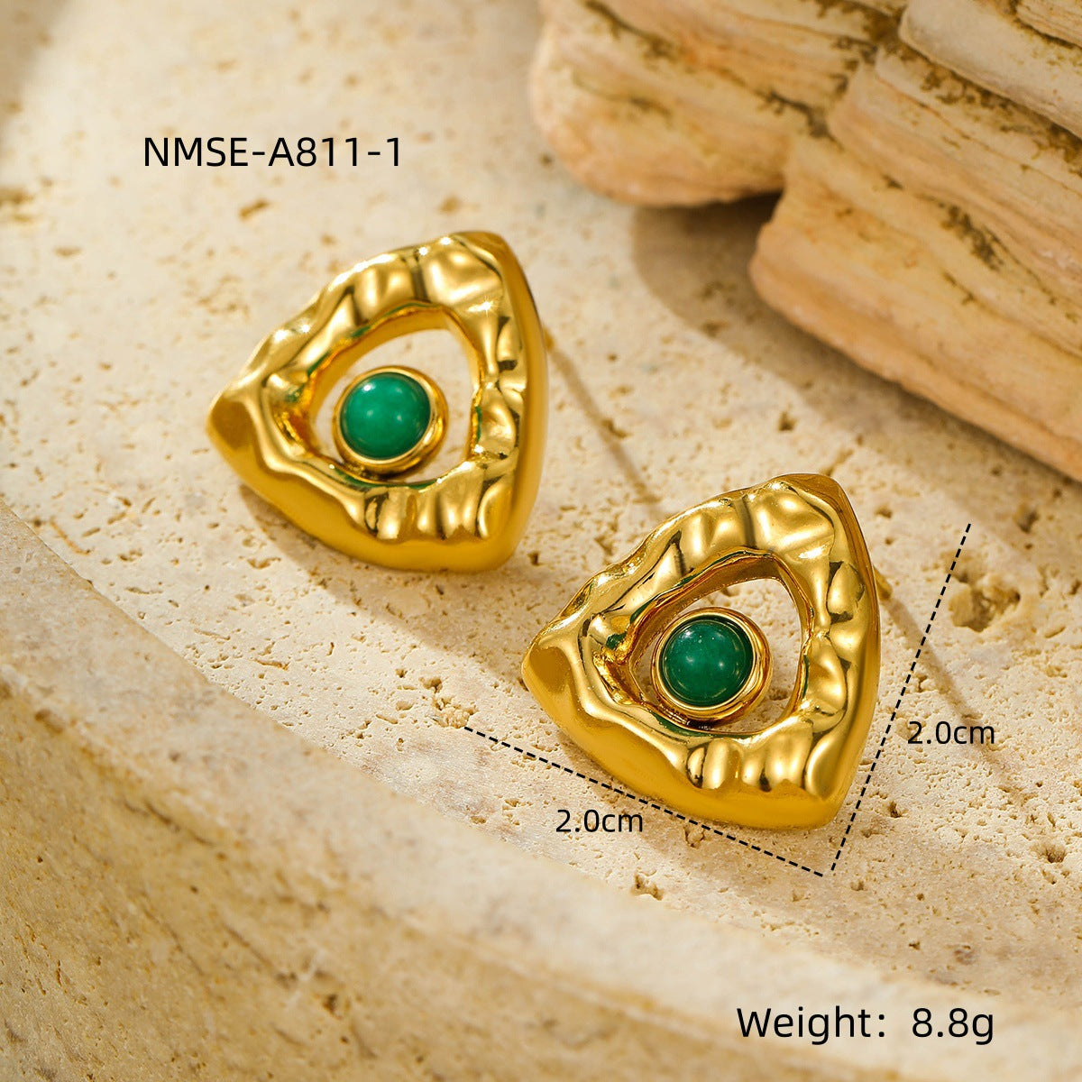 Pendientes de acero inoxidable vintage con diseño de triángulo plegado, chapado en oro de 18 quilates y acentos de piedra natural