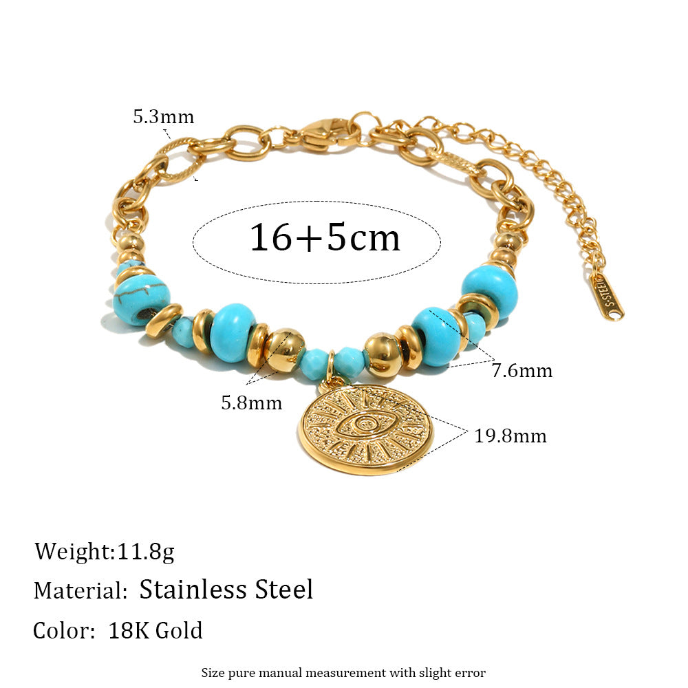 Geometric Turquoise Eye Coin Pendant Bracelet for Women in Stainless Steel with Enamel Finish and Spring Clasp