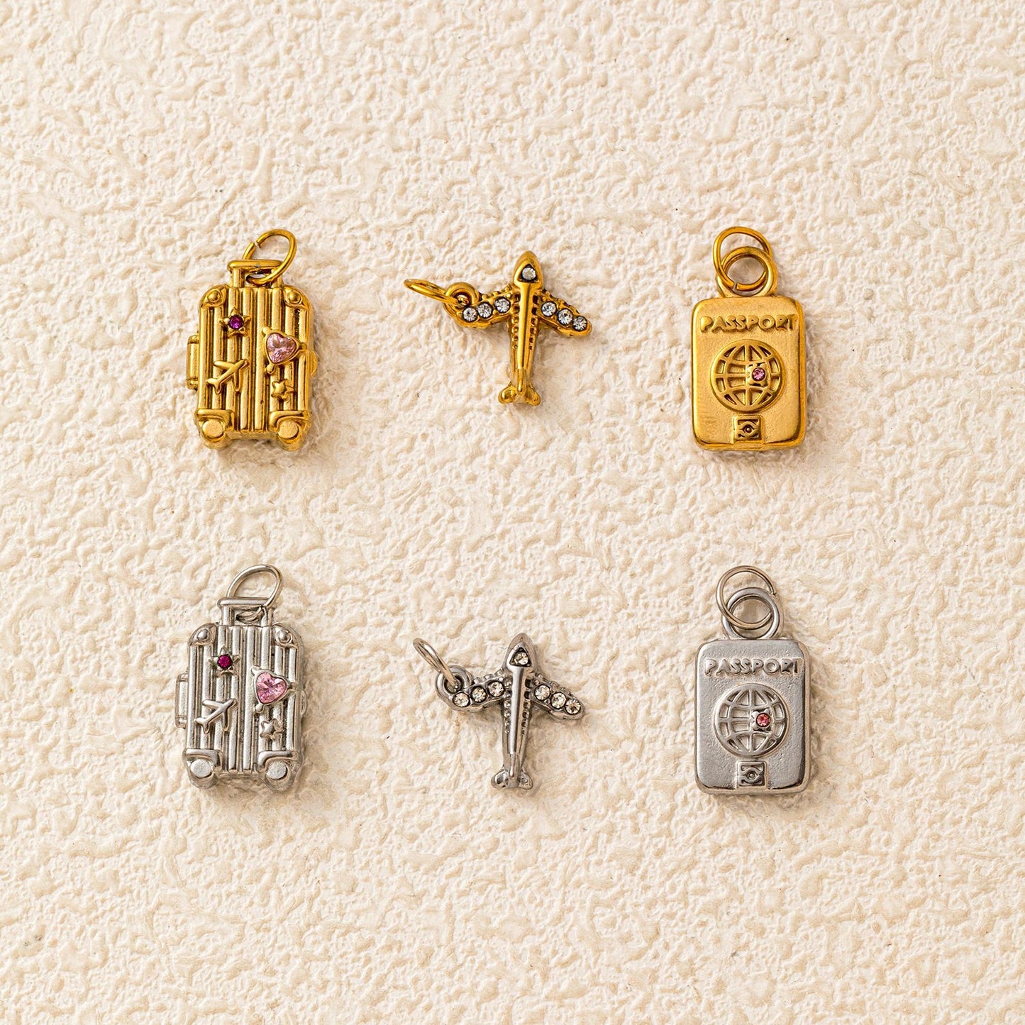 Minimalist Stainless Steel Plated Luggage Airplane Charm Bar Pendant