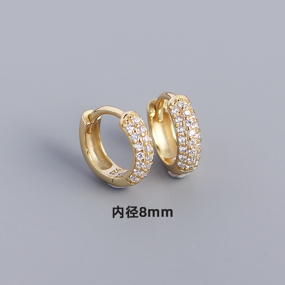 Minimalist Geometric S925 Sterling Silver Huggie Hoop Earrings with Triple Row Rhinestone Inlay