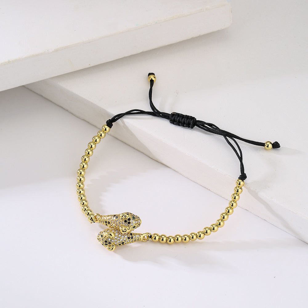 Minimalist Geometric Leopard Charm Adjustable Drawstring Bracelet for Women in Brass with 18K Gold Plating and Zircon