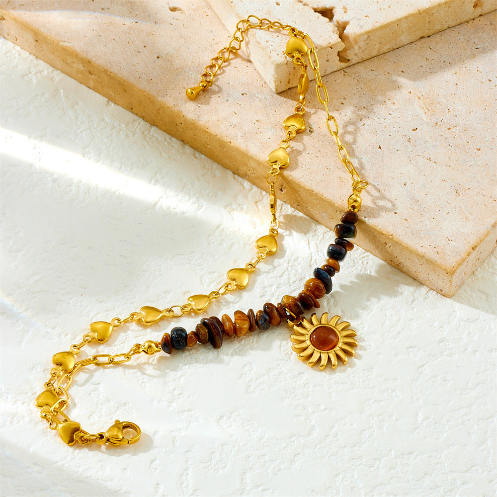 Vintage Heart Sun Stainless Steel Bracelet with Tiger Eye Beads and Double Layer Cable Chain