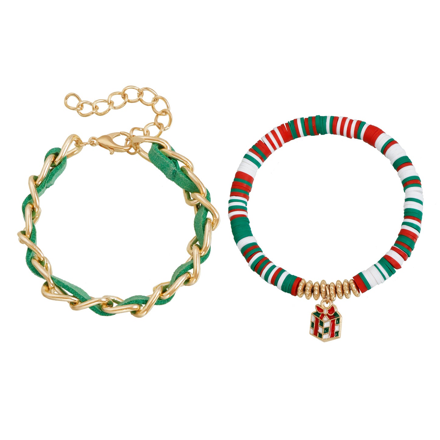 Pulsera de Cuentas de Arcilla Polimérica Colorida y Creativa para Mujer con Forma Geométrica, Acabado Chapado y Acentos de Campana Navideña