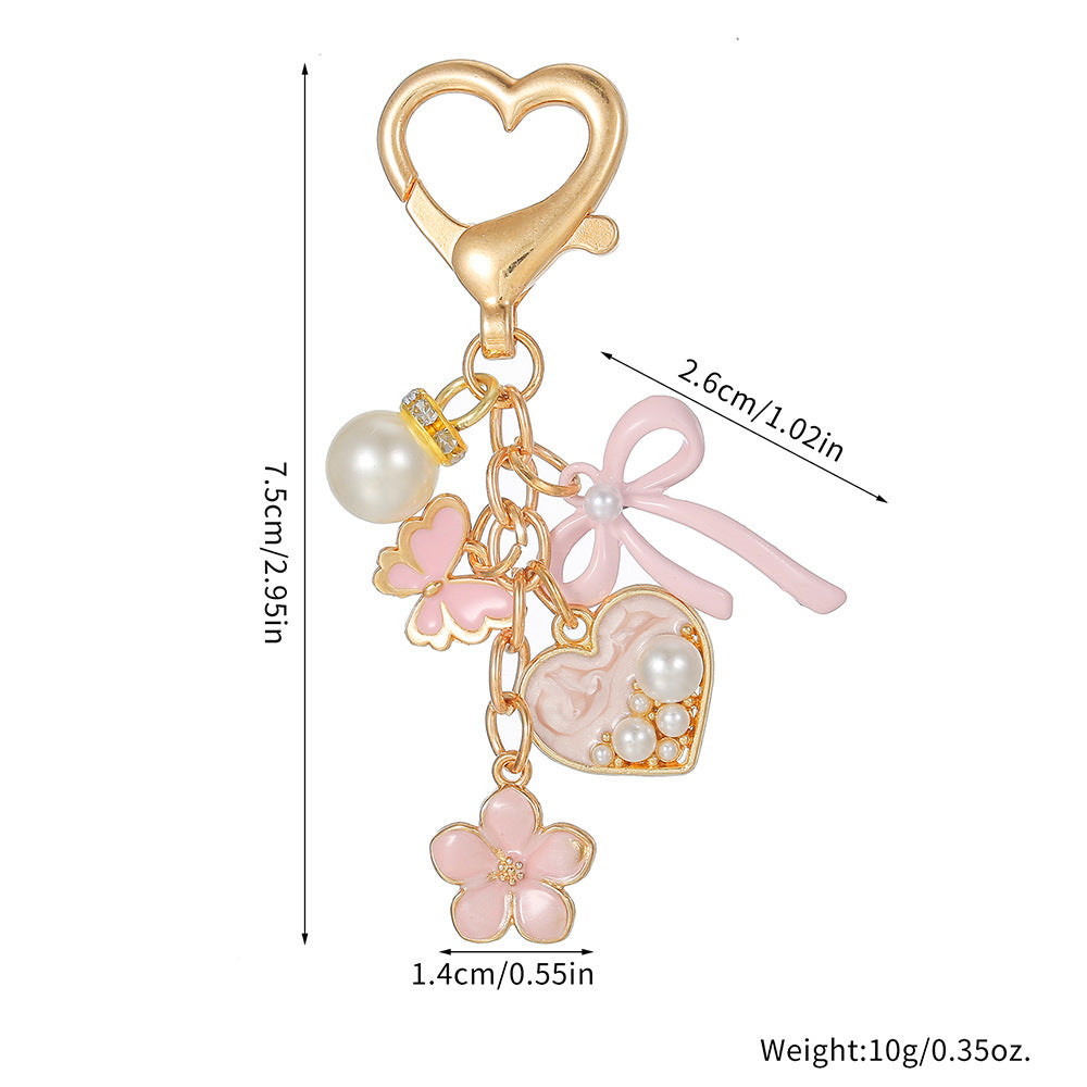 Elegant Drip Oil Flower Butterfly Heart Zinc Alloy Keychain with Pearl Inlay for Women