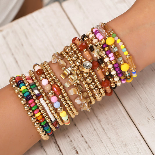 Bohemian Handmade Geometric Round Wood Glass Resin Beaded Bracelet Set for Women