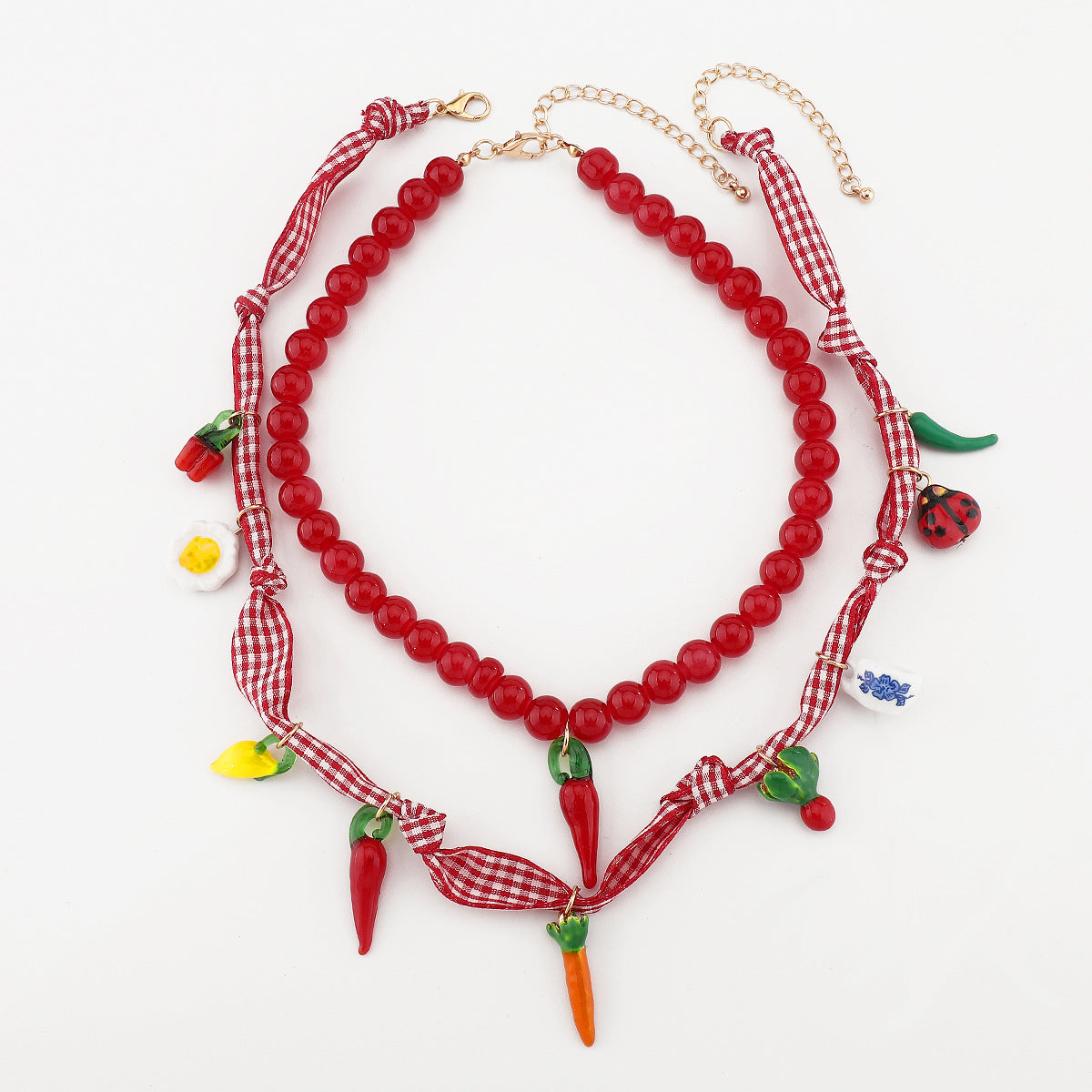 Collar rústico de pimiento picante y insecto esmaltado, hecho a mano, con motivos de frutas y verduras, en una delicada cadena de clavícula