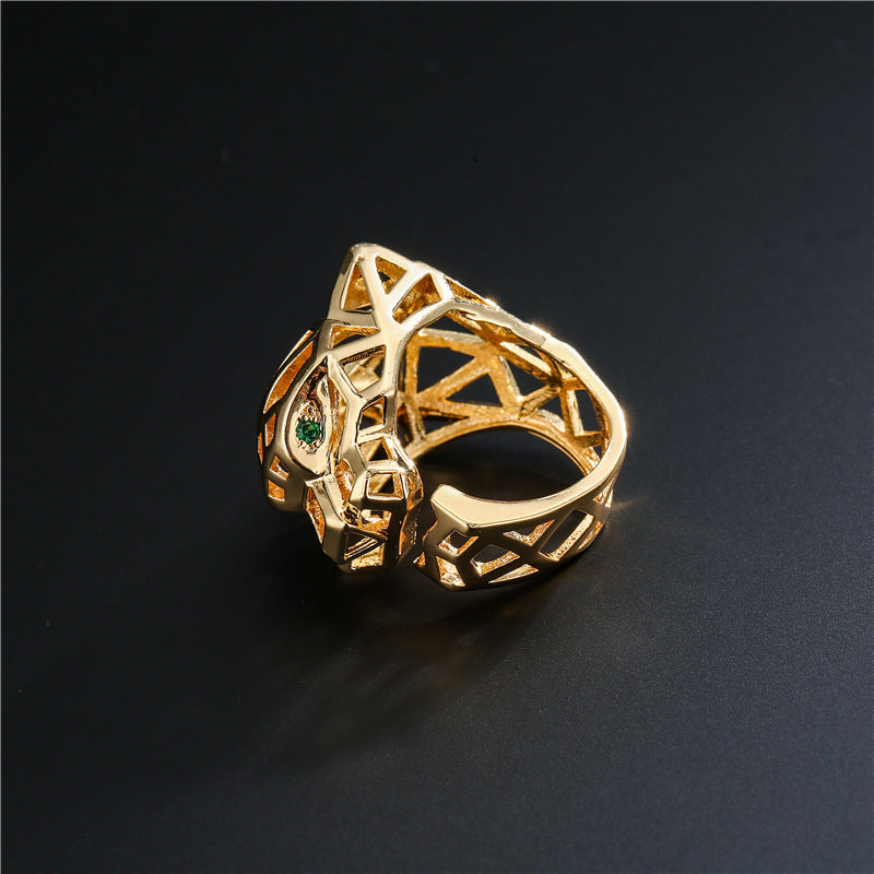 Anello regolabile in rame con motivo leopardato traforato, stile punk, placcato oro 18 carati e incastonatura micro-pavé