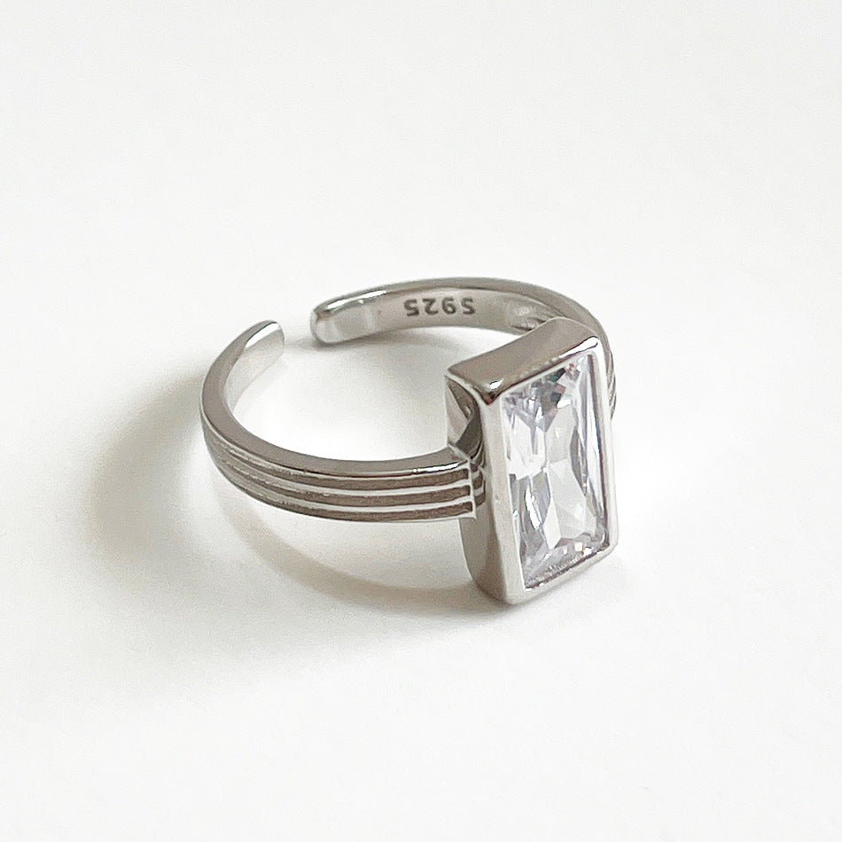 925 Sterling Silver Ring with Rhinestone Inlay, Geometric Design, Women's Fashion Jewelry, Luxury Style, Minimalist Aesthetic