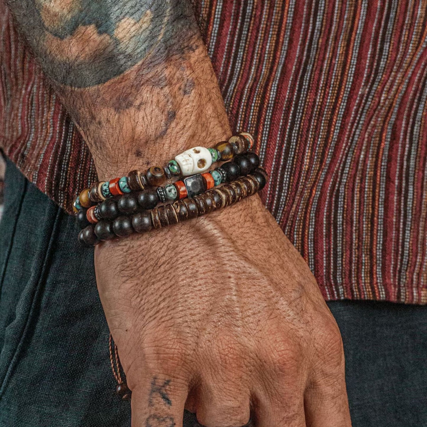 Vintage Geometric Skull Handmade Wood Turquoise Beaded Bracelet