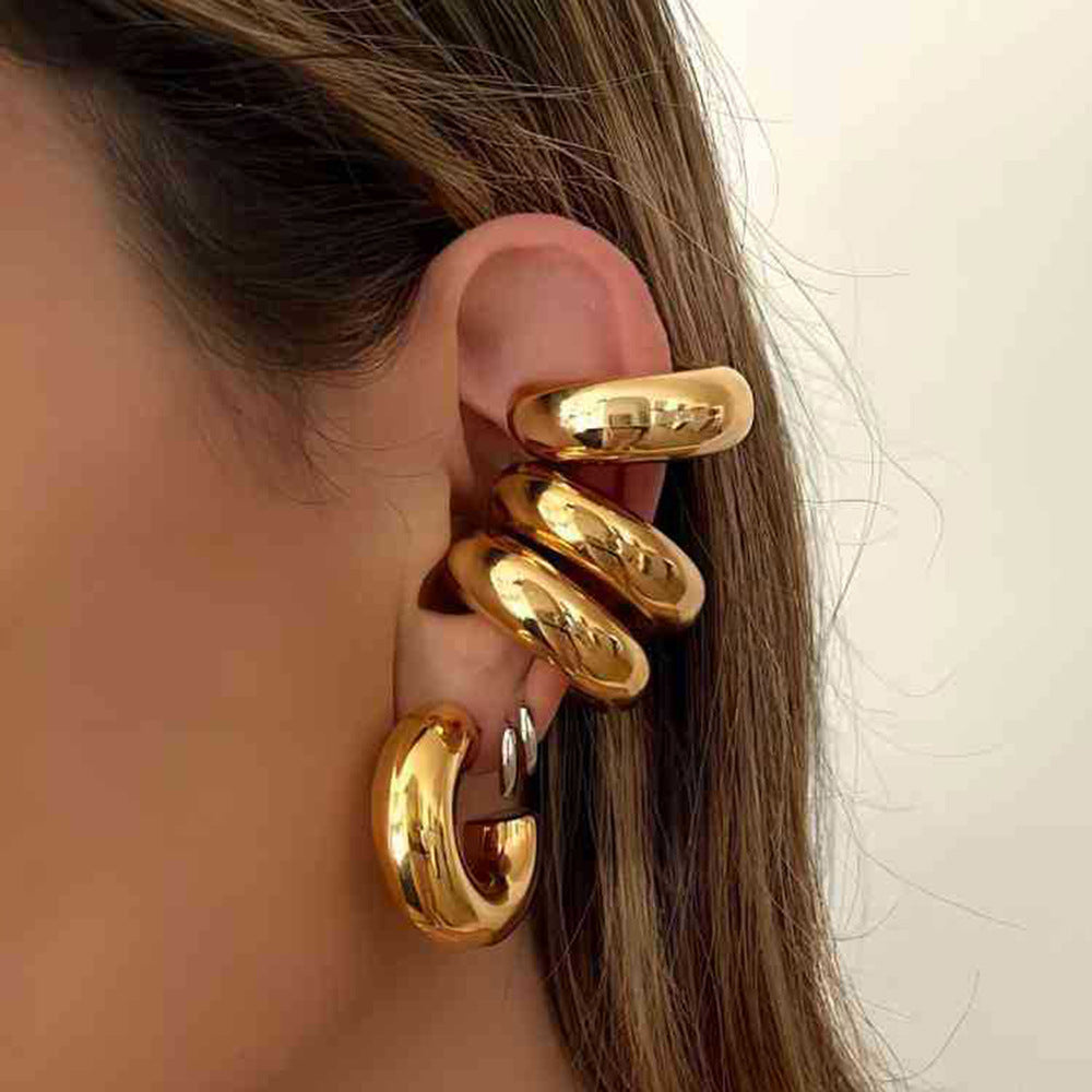 Minimalist Geometric C-Shaped Ear Clips in Stainless Steel with 18K Gold Plating Hypoallergenic Titanium Steel Earrings