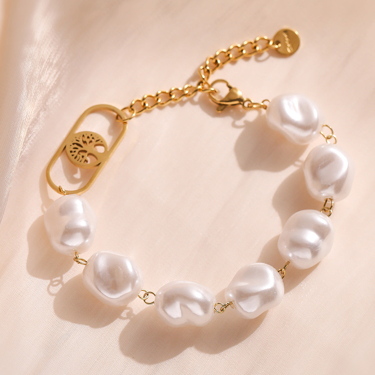 Bracciale da donna in acciaio inossidabile placcato oro con perle in stile barocco geometrico