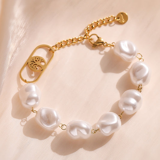 Baroque Style Geometric Stainless Steel Pearl Bracelet with Gold Plating for Women