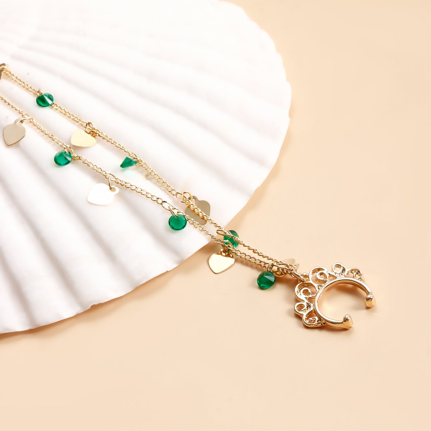 Bohemian Green Crystal Heart Geometric Plated Alloy Nose Ring with Tassel for Unisex