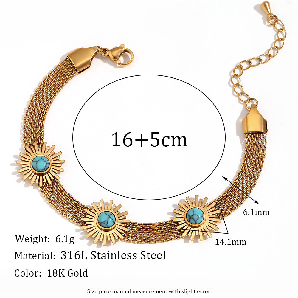 Pulsera de mujer con cuentas turquesas y girasol geométrico de inspiración vintage, en acero inoxidable con baño de oro de 18 quilates