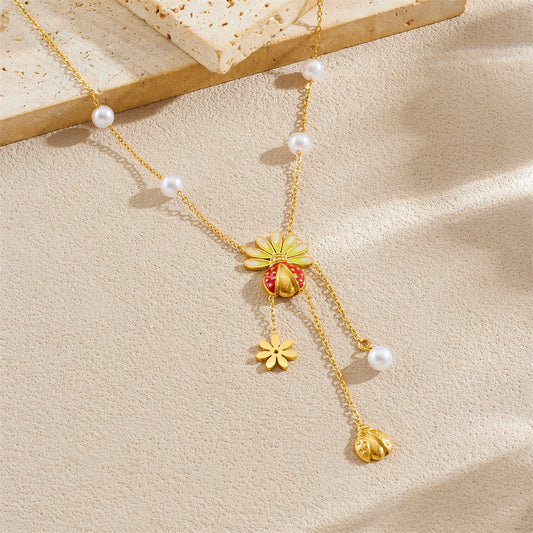 Cute Cartoon Ladybug Drip Oil Yellow White Gradient Pearl Tassel Necklace and Earring Set for Women