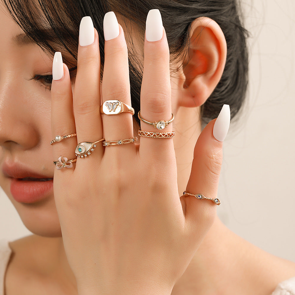 Geometric Alloy Plated Drip Oil Rhinestone Crystal Butterfly Evil Eye Joint Ring Set