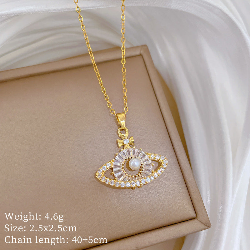 Sweet Luxury Moon Rhinestone Pearl Pendant Titanium Steel Necklace for Unisex