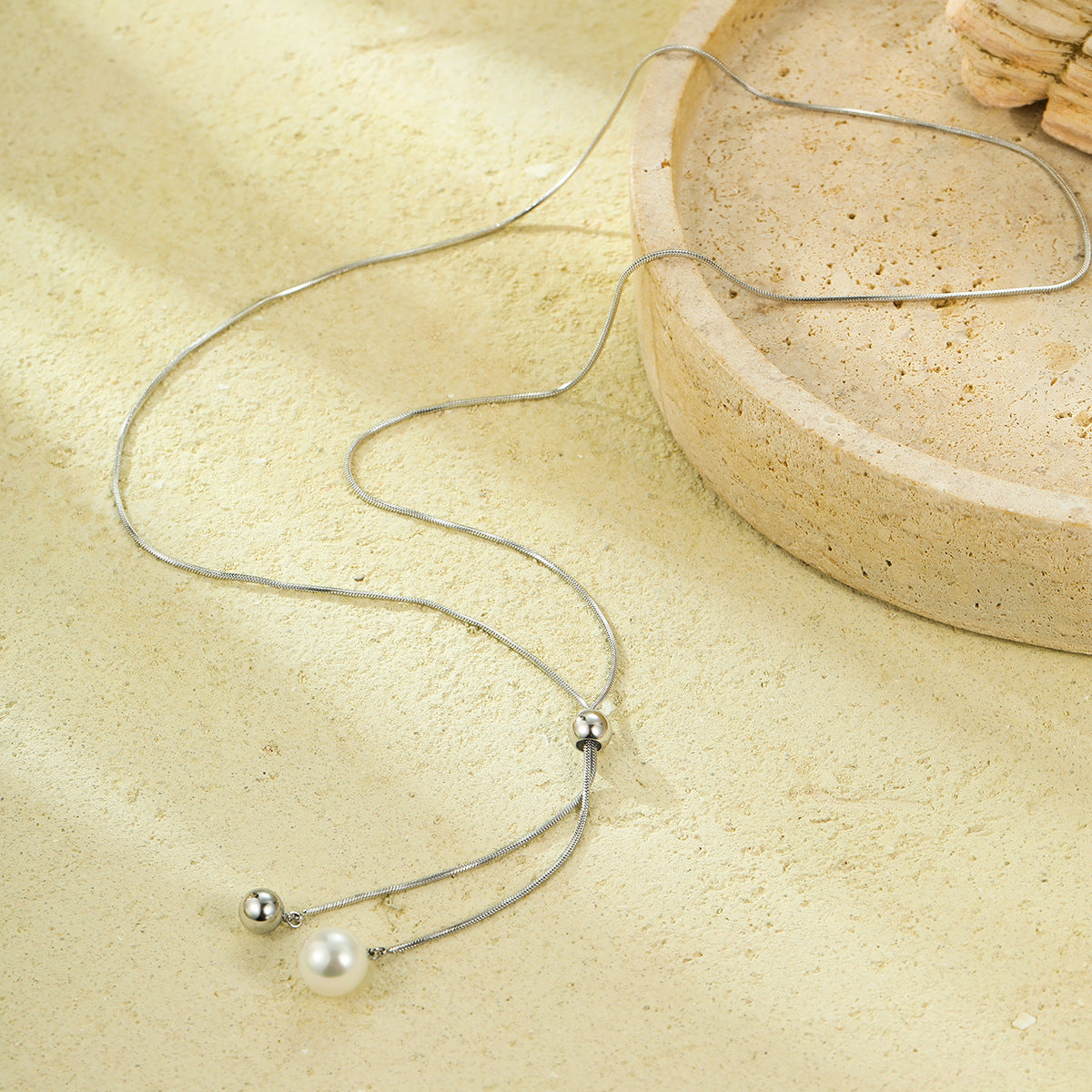 Collana Lunga Regolabile in Acciaio Inossidabile con Perle e Design Geometrico, Stile OL, alla Moda per Donna