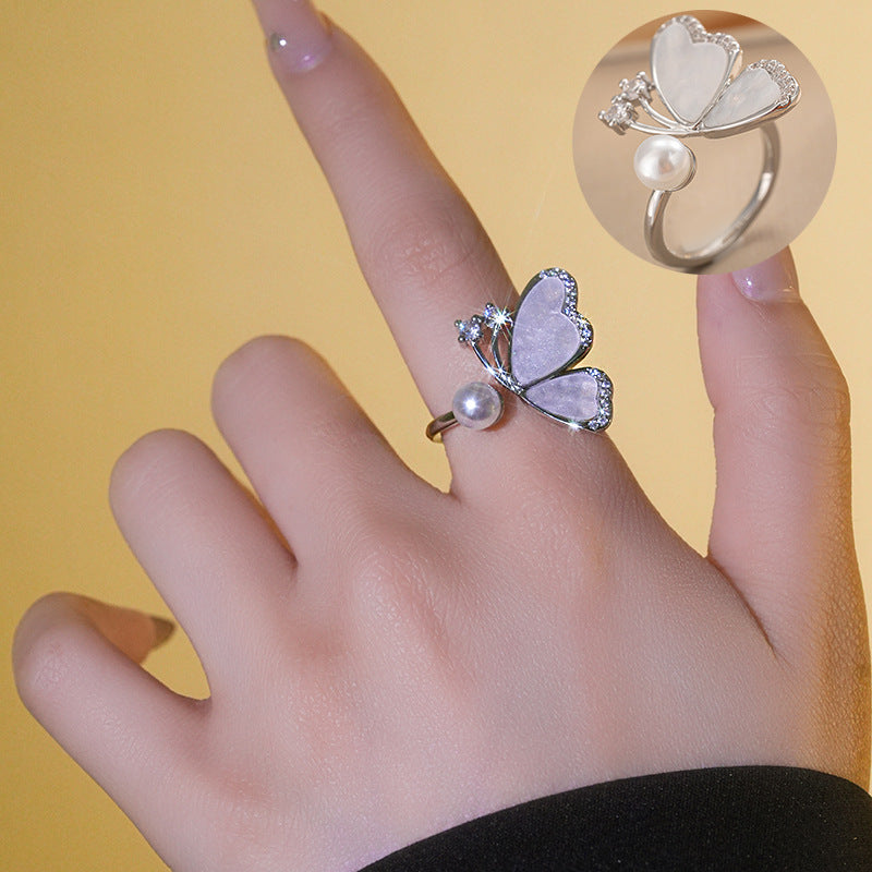 Anello regolabile da donna in madreperla e perla a forma di farfalla, minimalista, con fascia in rame placcato oro