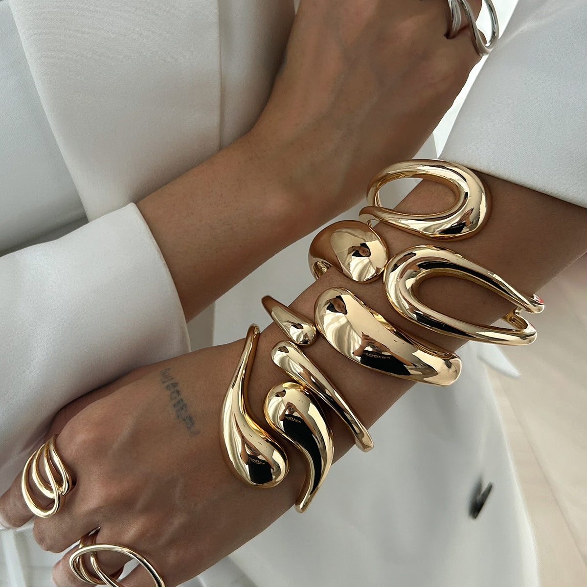 Personalized Geometric Water Drop Open Cuff Bracelet with Spring Clasp - Alloy Electroplated