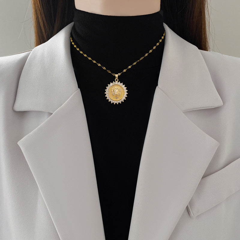 Minimalist Round Lion Head Pendant Necklace for Women and Men in Titanium Steel with Rhinestone Inlay on Snake Chain