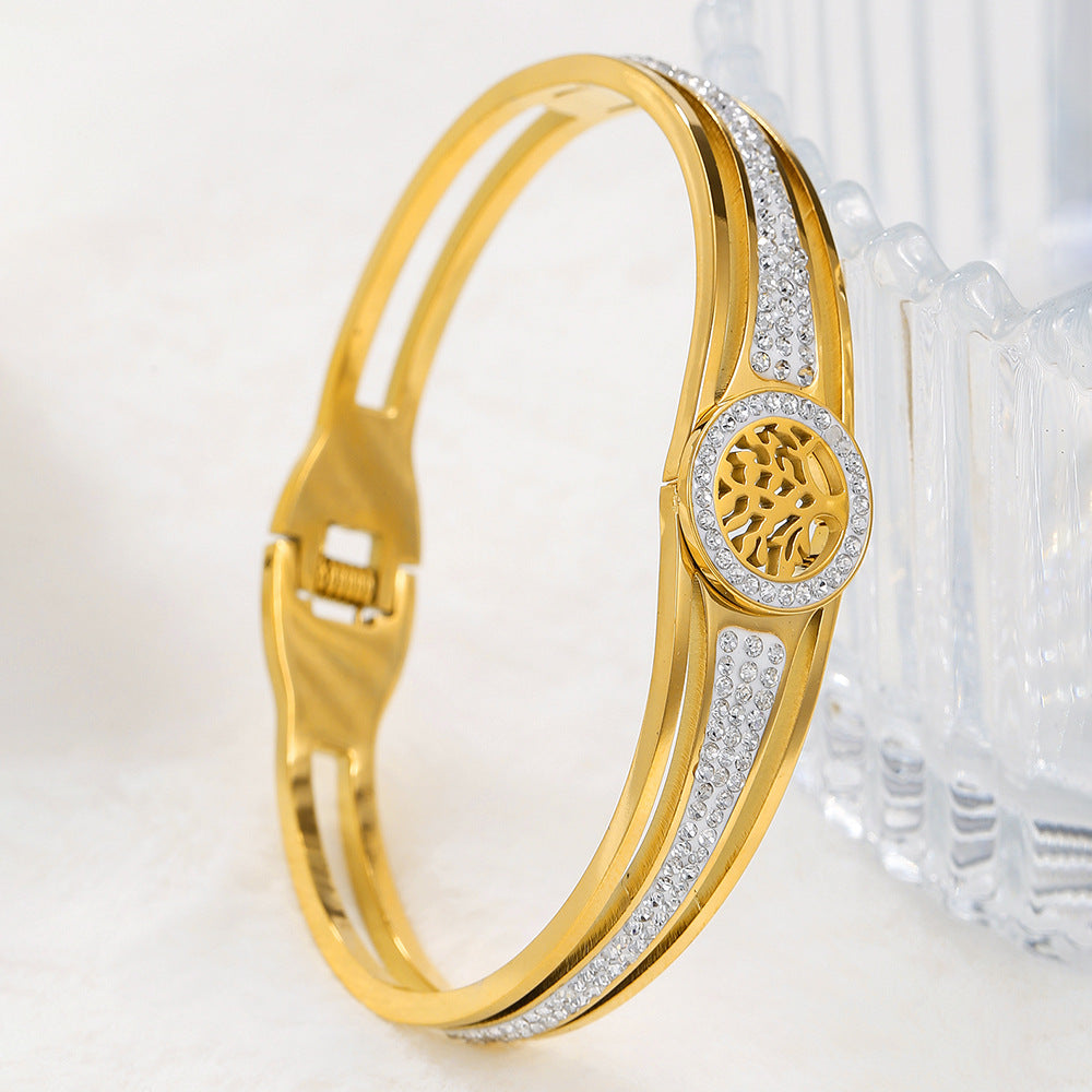 Hollow Geometric Floral Cubic Zirconia Inlay Plated Stainless Steel Tree of Life Bracelet