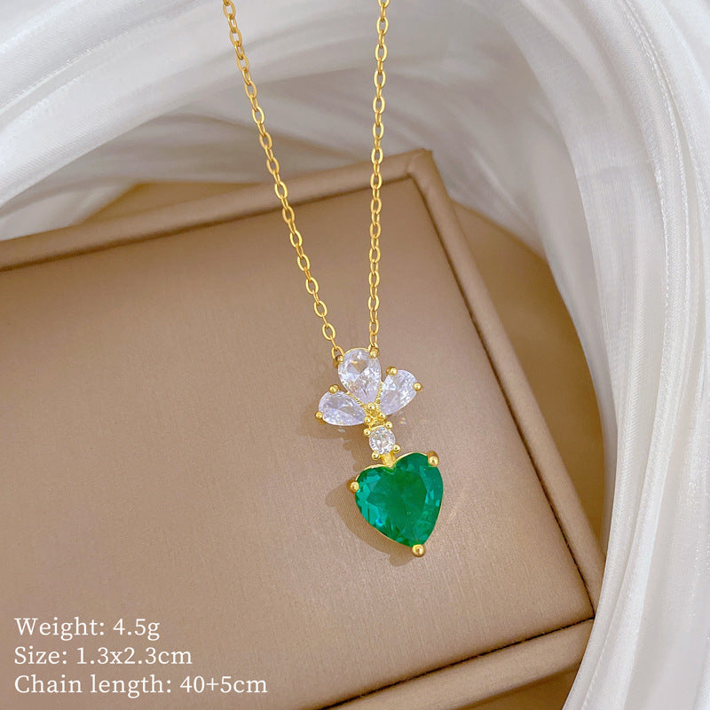 Sweet Elegant Floral Heart Geometric Rhinestone Pendant Titanium Steel Necklace for Unisex