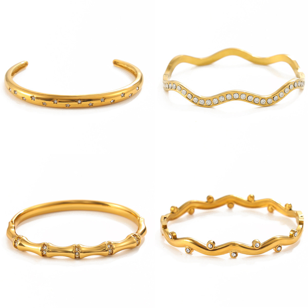 Fashion 18K Gold Plated Stainless Steel Rhinestone Inlaid Bamboo Shape Open Cuff Bracelet