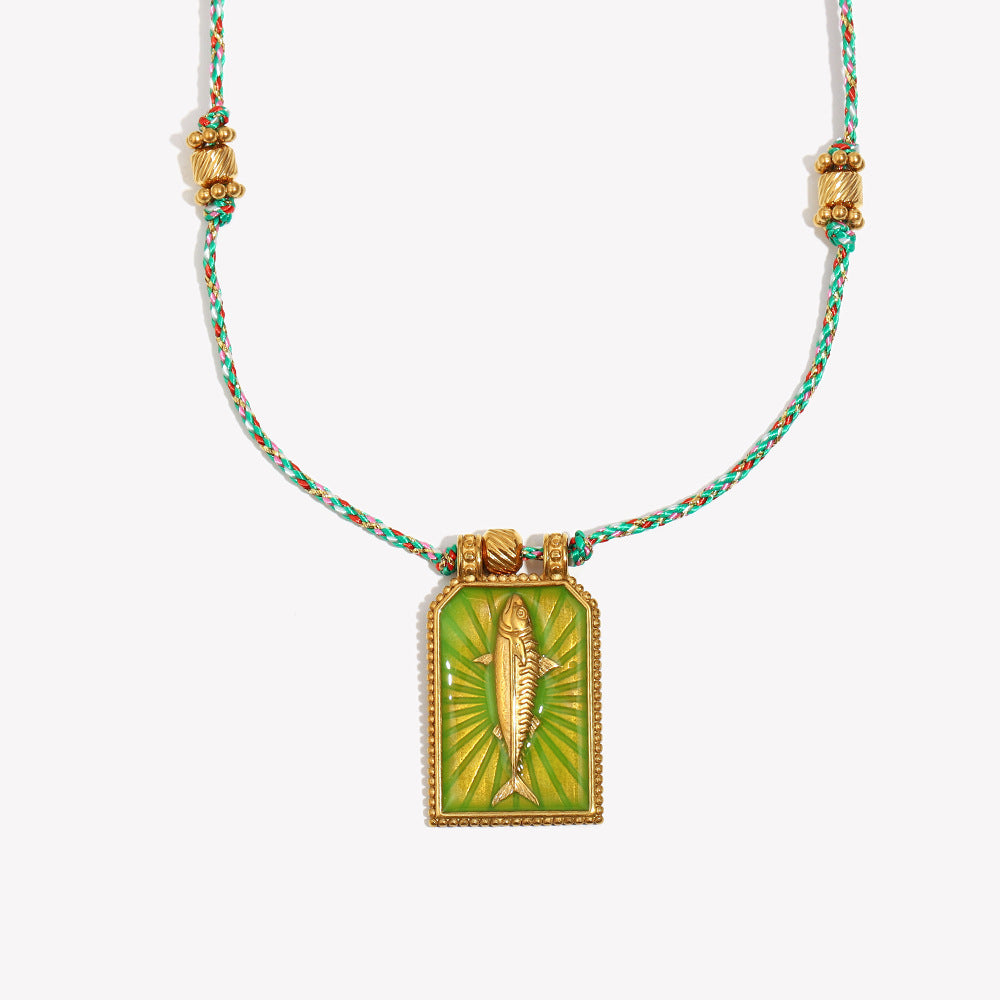Minimalist Geometric Stainless Steel Plated 18K Gold Tuna Tarot Pendant Necklace for Women with Enamel Detail