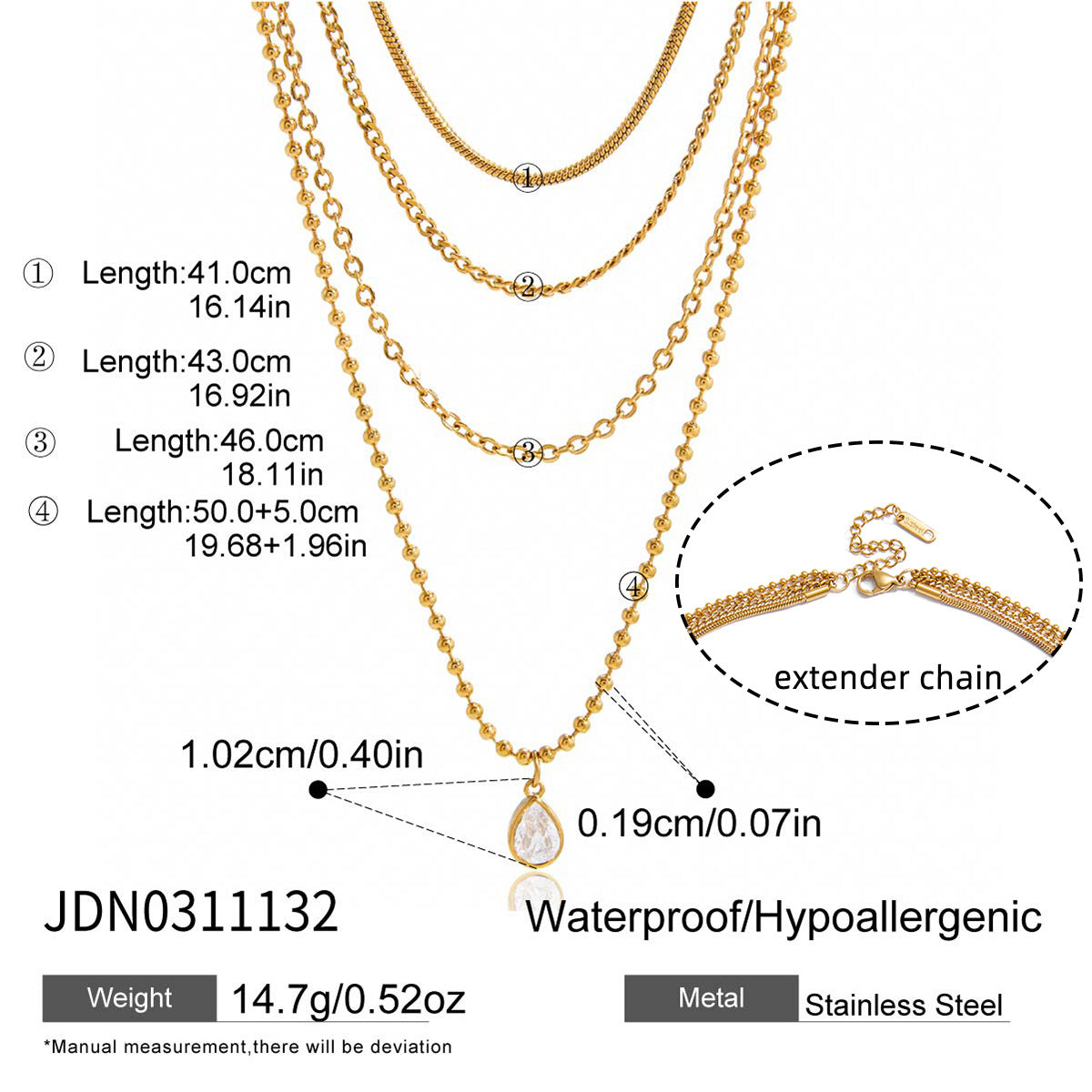 Collana con pendente geometrico minimalista in acciaio al titanio con intarsio di zirconi da donna, catena a clavicola multistrato in acciaio inossidabile placcato oro PVD sottovuoto