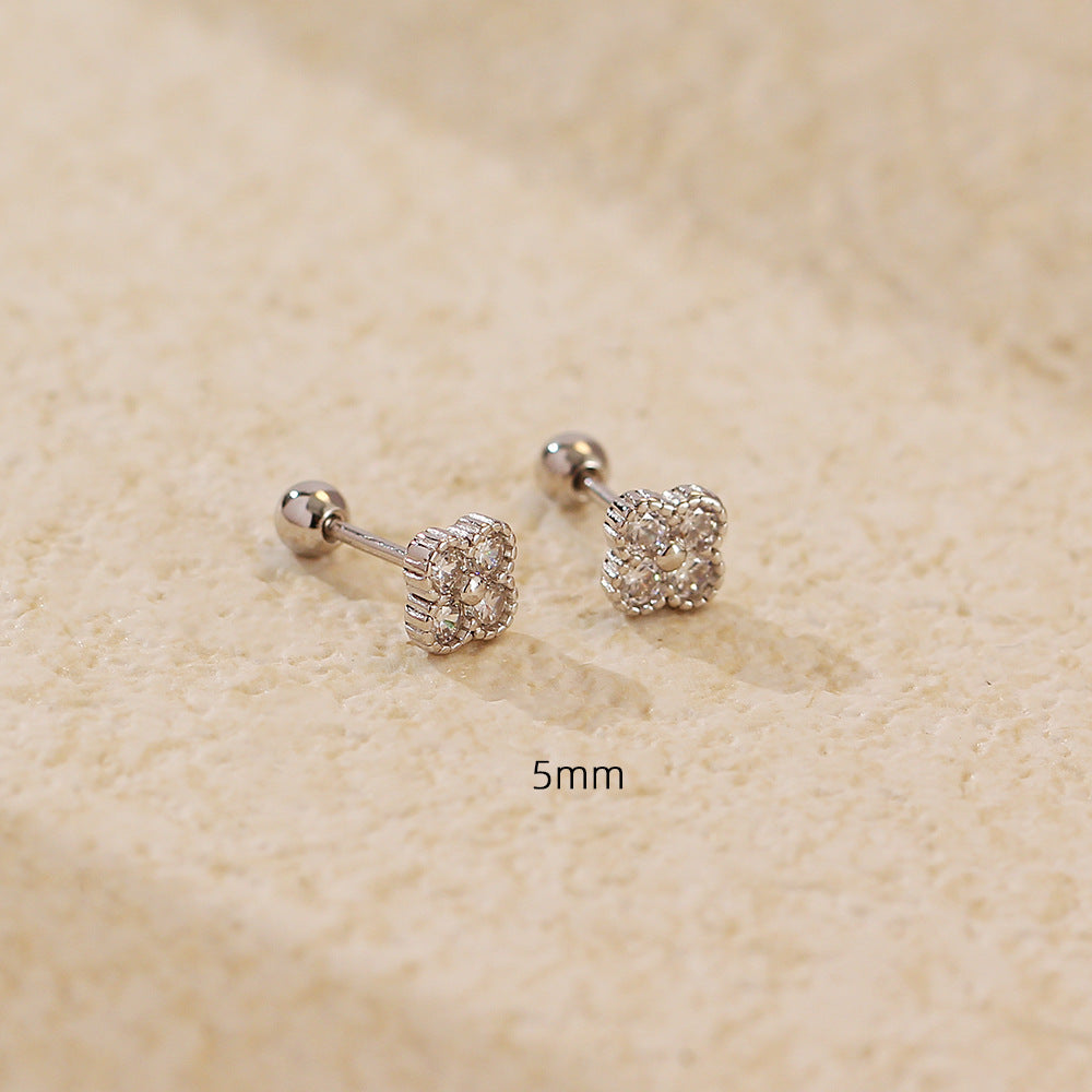 Vintage Clover-Shaped S925 Sterling Silver Stud Earrings with Rhinestone Inlay for Women