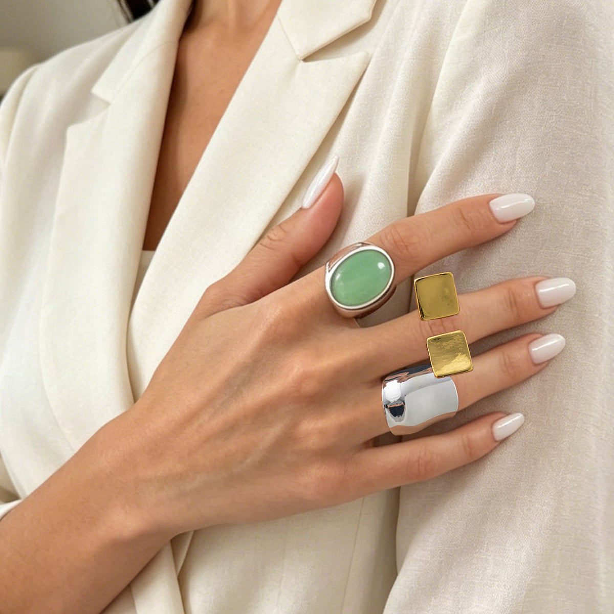 Trendy Geometric Square Zinc Alloy Plated Gemstone Ring for Women