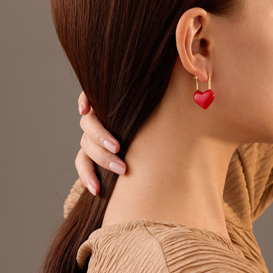 Vintage Style Heart-Shaped Enamel and 18K Gold-Plated Stainless Steel Stud Earrings for Women