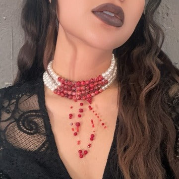 Sweet Gothic Geometric Acrylic and Pearl Beaded Choker Necklace with Tassel for Women