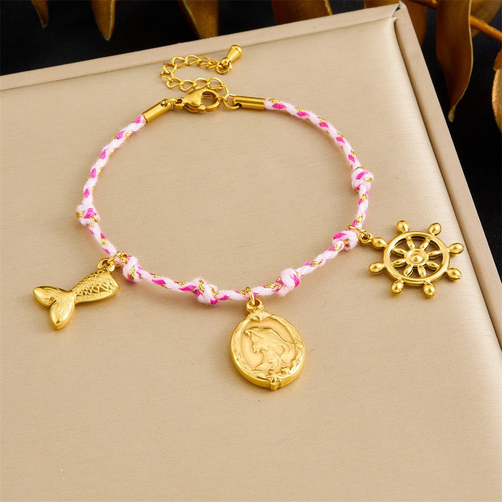 Bohemian Vintage Gold Plated Stainless Steel Rope Chain Necklace and Bracelet Set with Animal Pendant