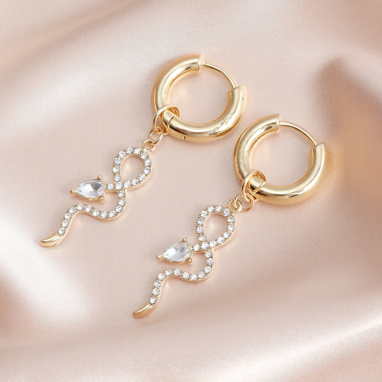 Fashionable Snake-Shaped Geometric Earrings with Full Rhinestone Inlay and Electroplated Finish for Women