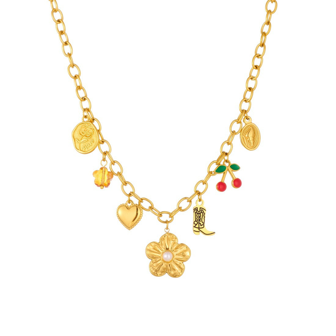 Sweet Gold Plated Drip Oil Cherry Flower Pearl Stainless Steel Necklace for Women