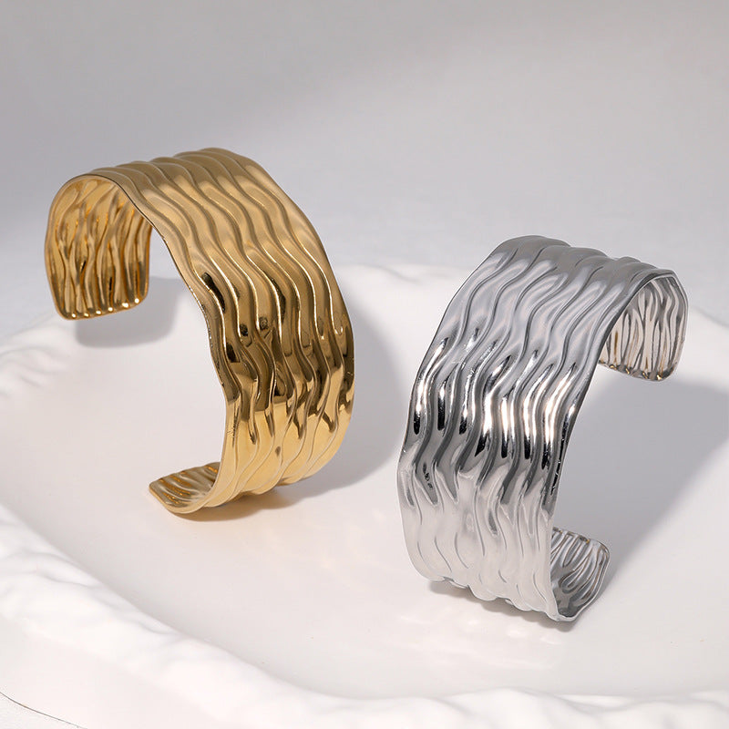 Minimalist 18K Gold Plated Stainless Steel Wavy Surface Open Cuff Bracelet