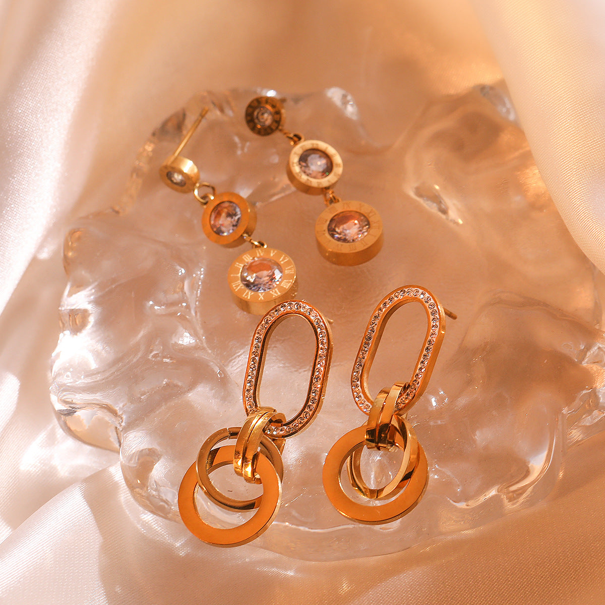Minimalist Geometric Titanium Steel Earrings for Women with Genuine Gold Plating and Zircon Inlay