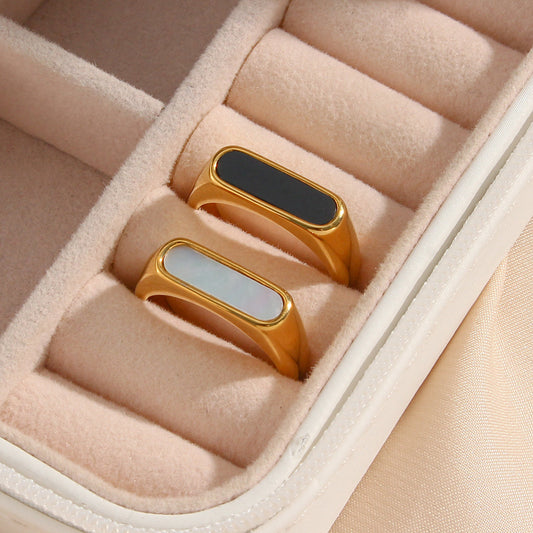 Minimalist Geometric Stainless Steel Ring with 18K Gold Plating and Abalone Inlay for Women