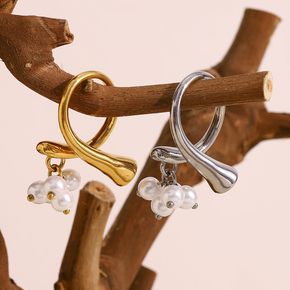 Fashion Geometric Stainless Steel Ring with 18K Gold Plating and Pearl Tassel for Women