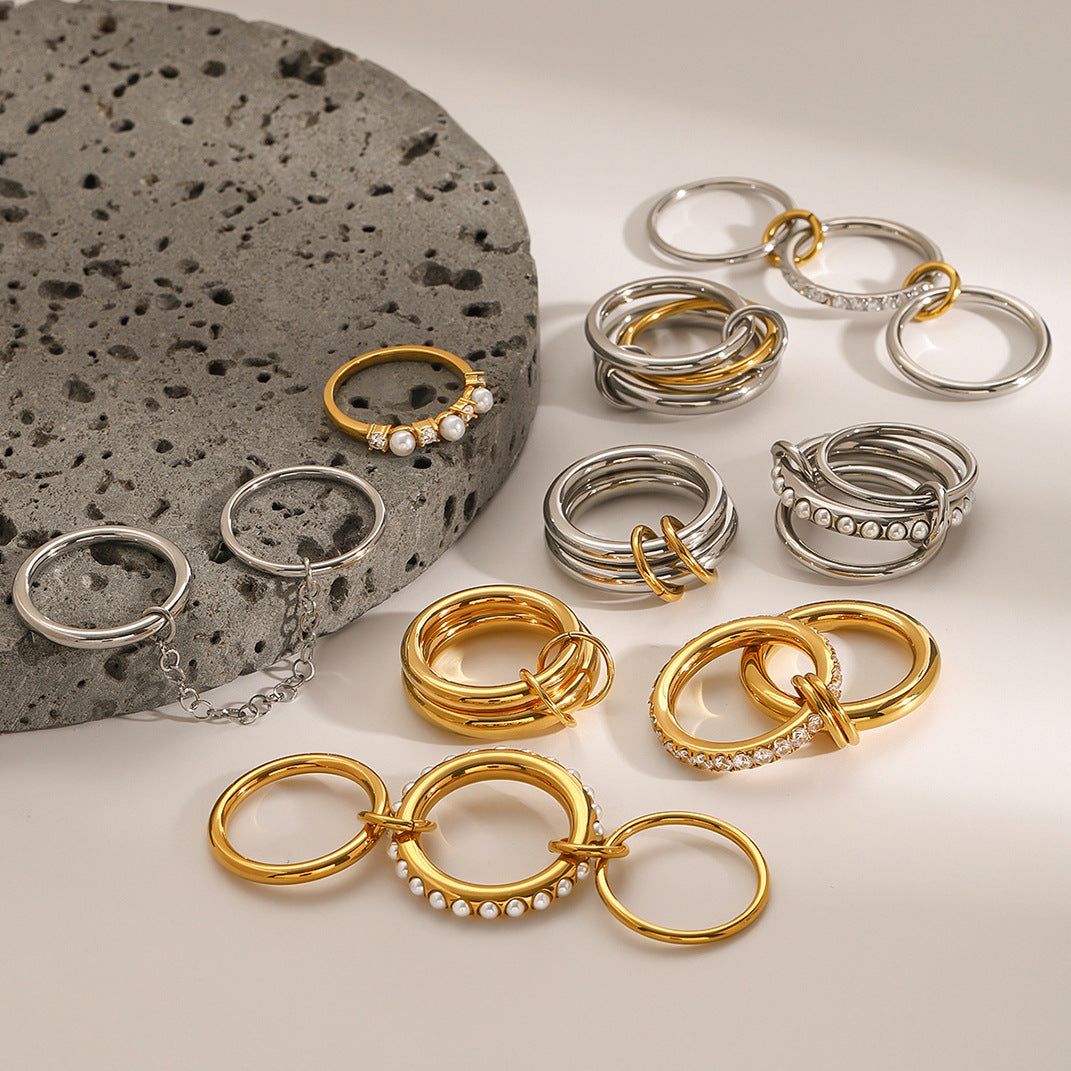 Anillo minimalista geométrico de titanio y acero con detalles de perlas, anillo de moda hipoalergénico de acero inoxidable para mujer